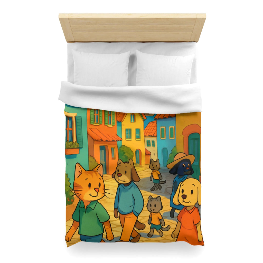 Housse de Couette Colorée avec Animaux Anthropomorphes et Lighthouse sur Rue ensoleillée