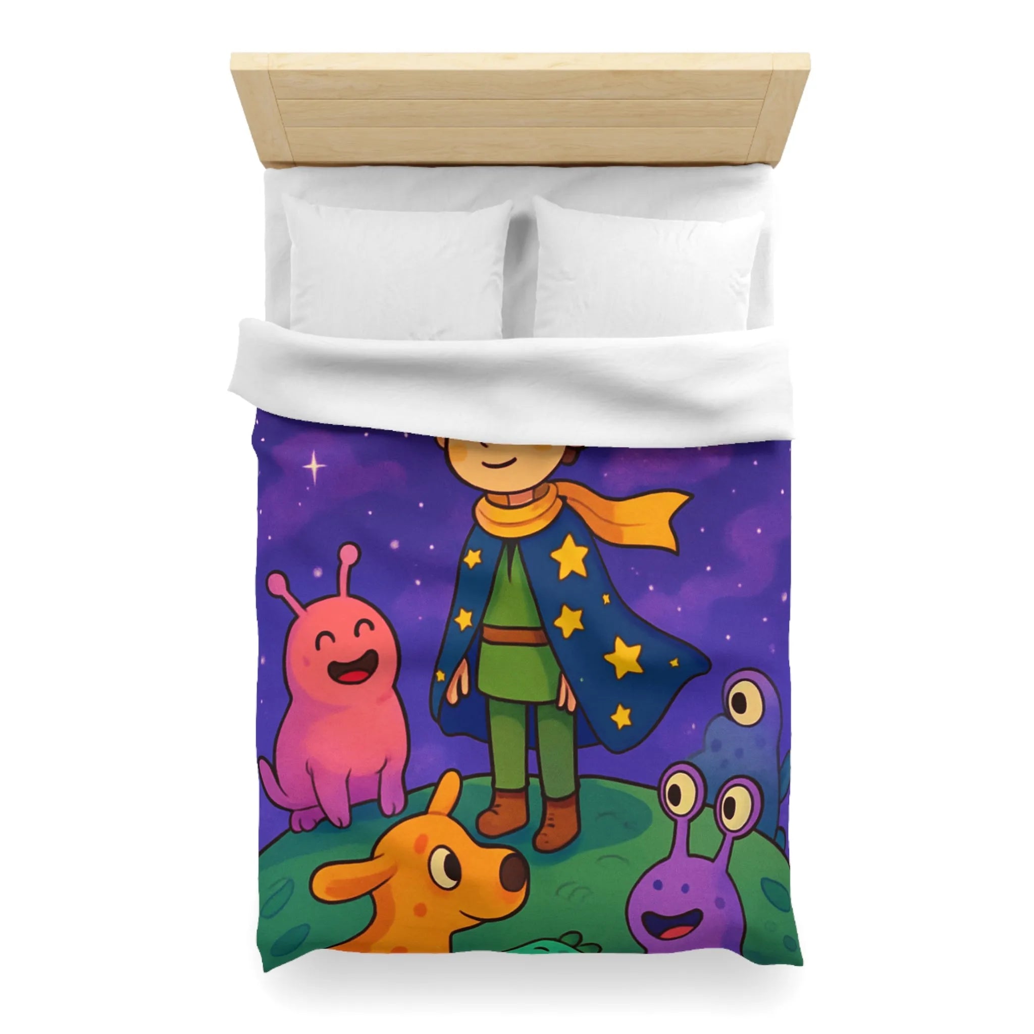 Housse de Couette Colorée Enfantine avec Enfant et Créatures sous Ciel Étoilé