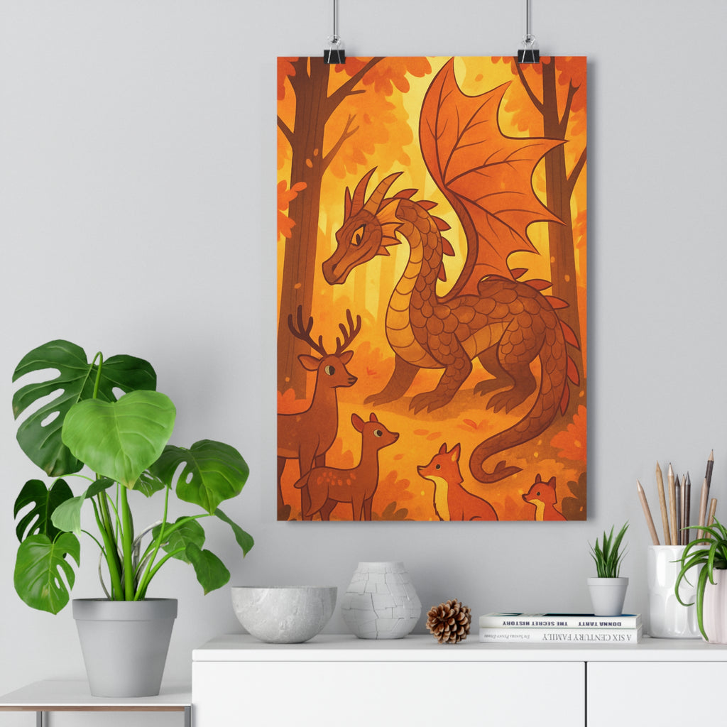 Poster décoratif dragon forêt automnale orange brun cartoon magique chambre bureau ambiance nature 30x46