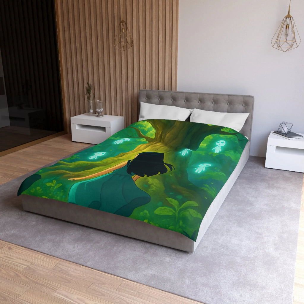 Housse de couette forêt mystique avec fille et esprits lumineux style onirique enchanteur
