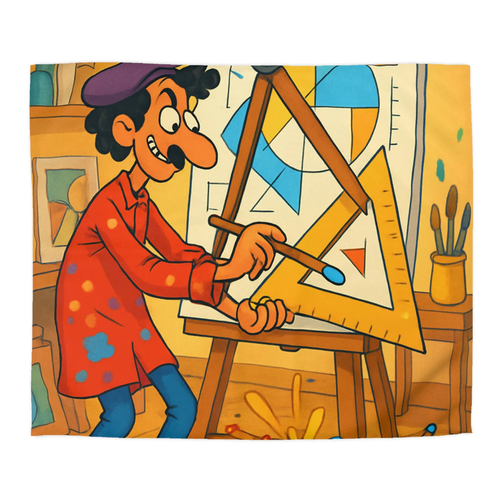 Housse de couette artistique avec motif géométrique et artiste cartoon en atelier coloré