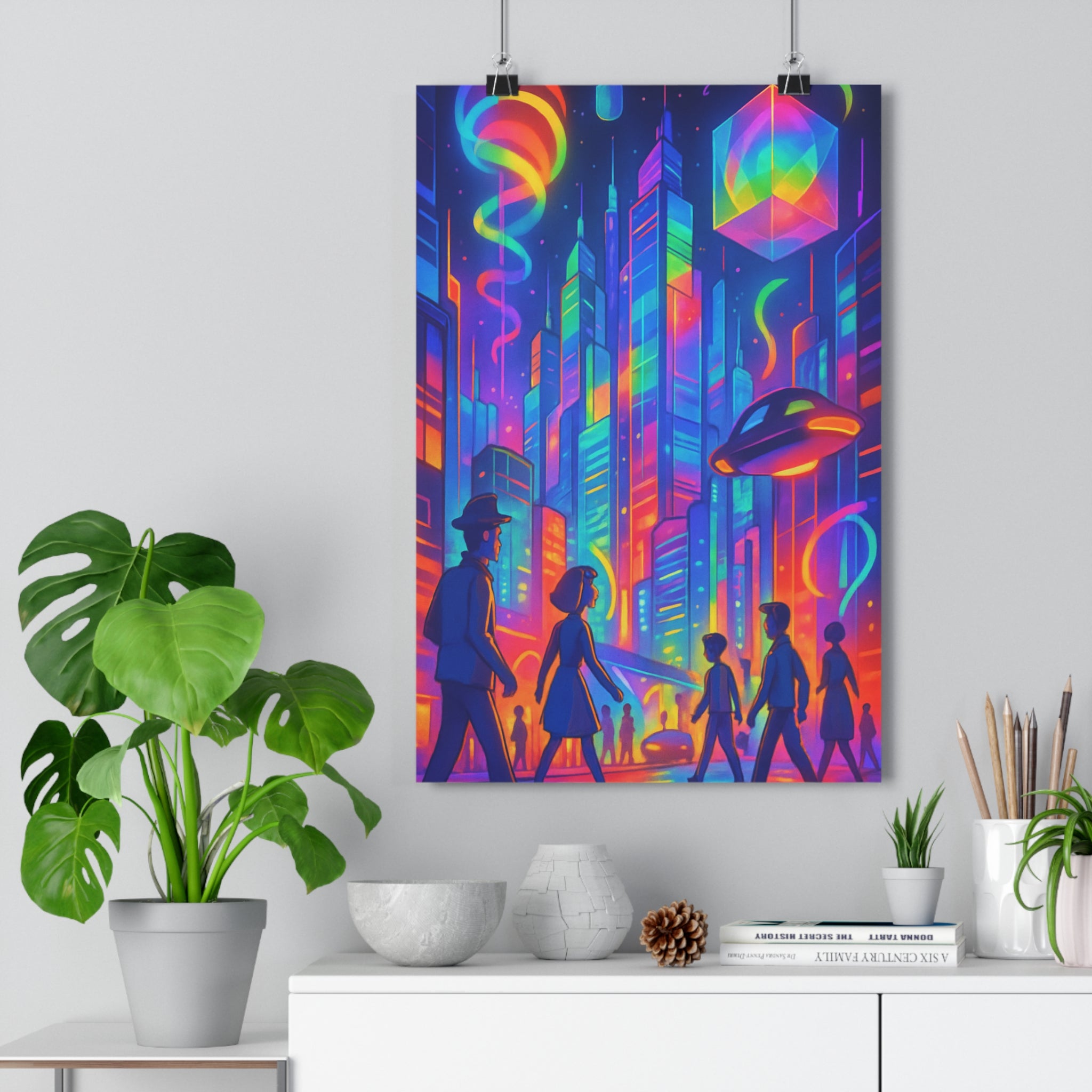 Poster décoratif coloré moderne vibrant futuriste cyberpunk anime salon chambre dynamique lumineux urbain ambiance