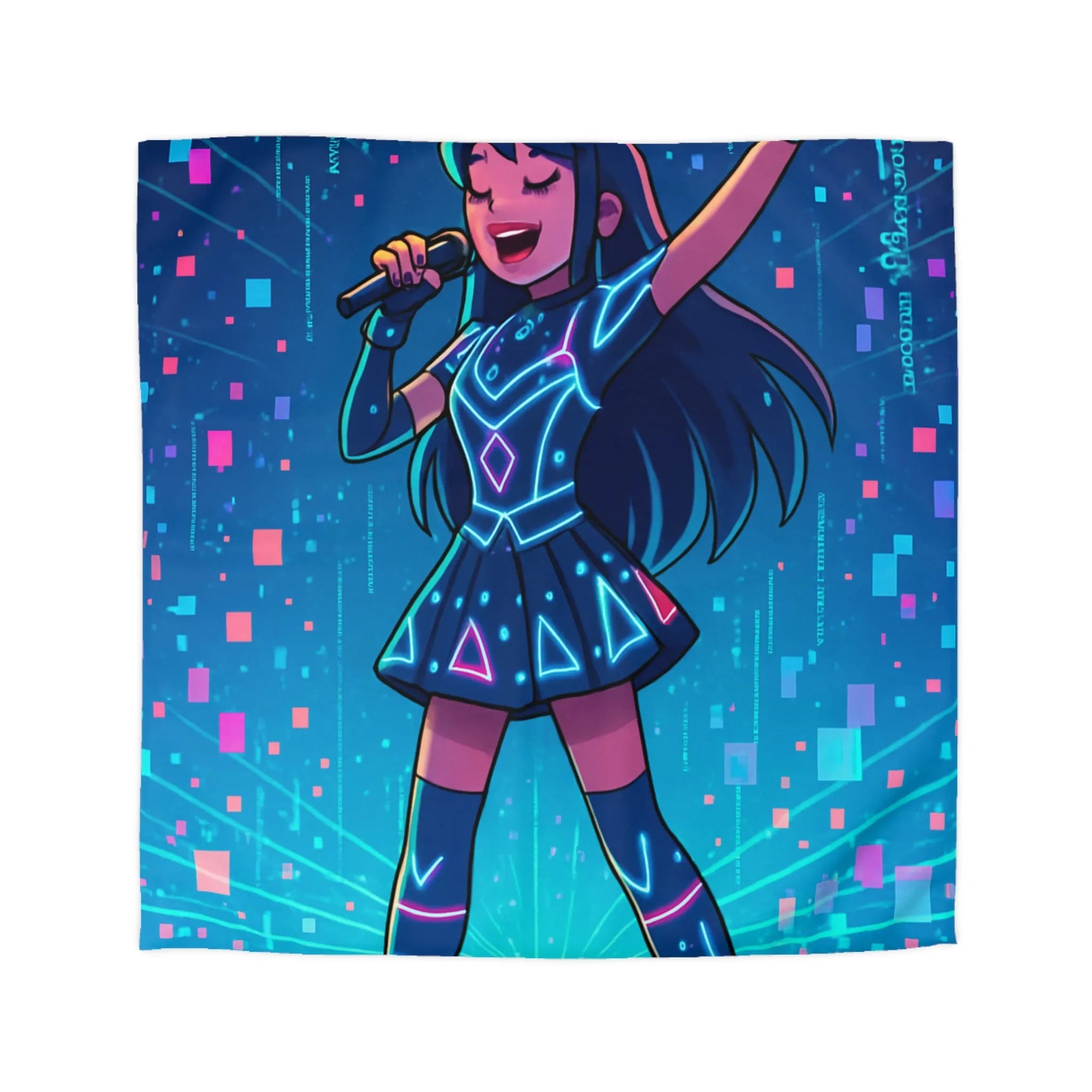 Housse de Couette Fille Chanteuse Néon Style Futuriste Graphiques Lumineux Bleu Rose