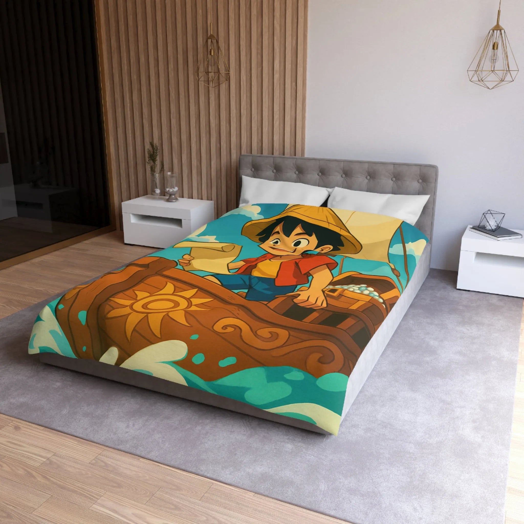 Douce housse de couette enfant motif pirate joyeux en bateau sur vagues bleues