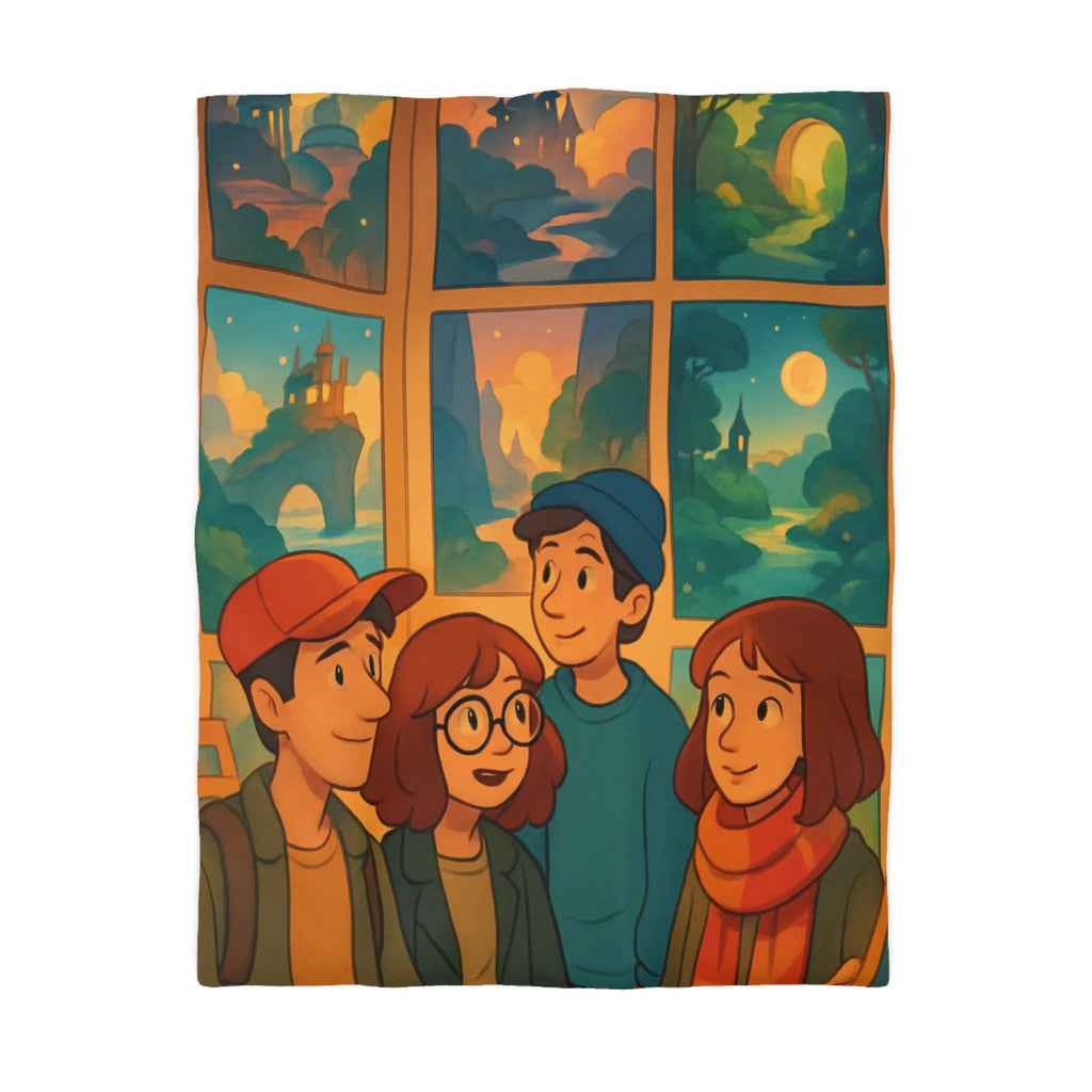 Housse de couette colorée avec paysages enchanteurs et personnages stylisés en exposition artistique