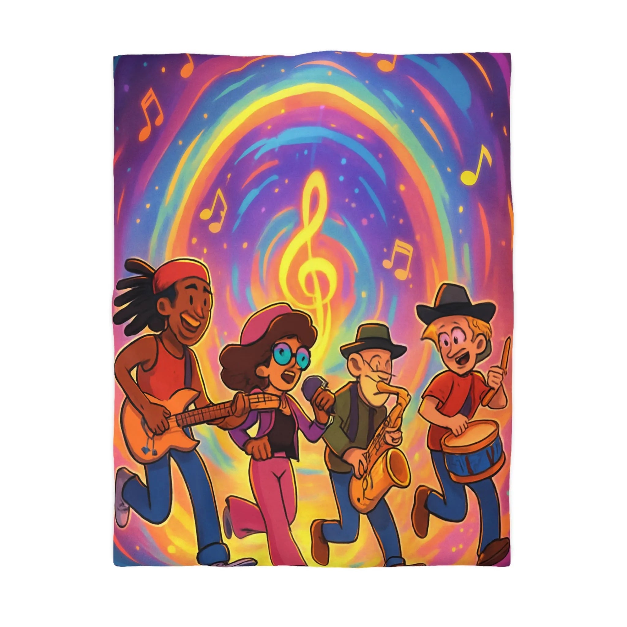 Housse de couette animée avec quatre musiciens et notes colorées en spirale lumineuse