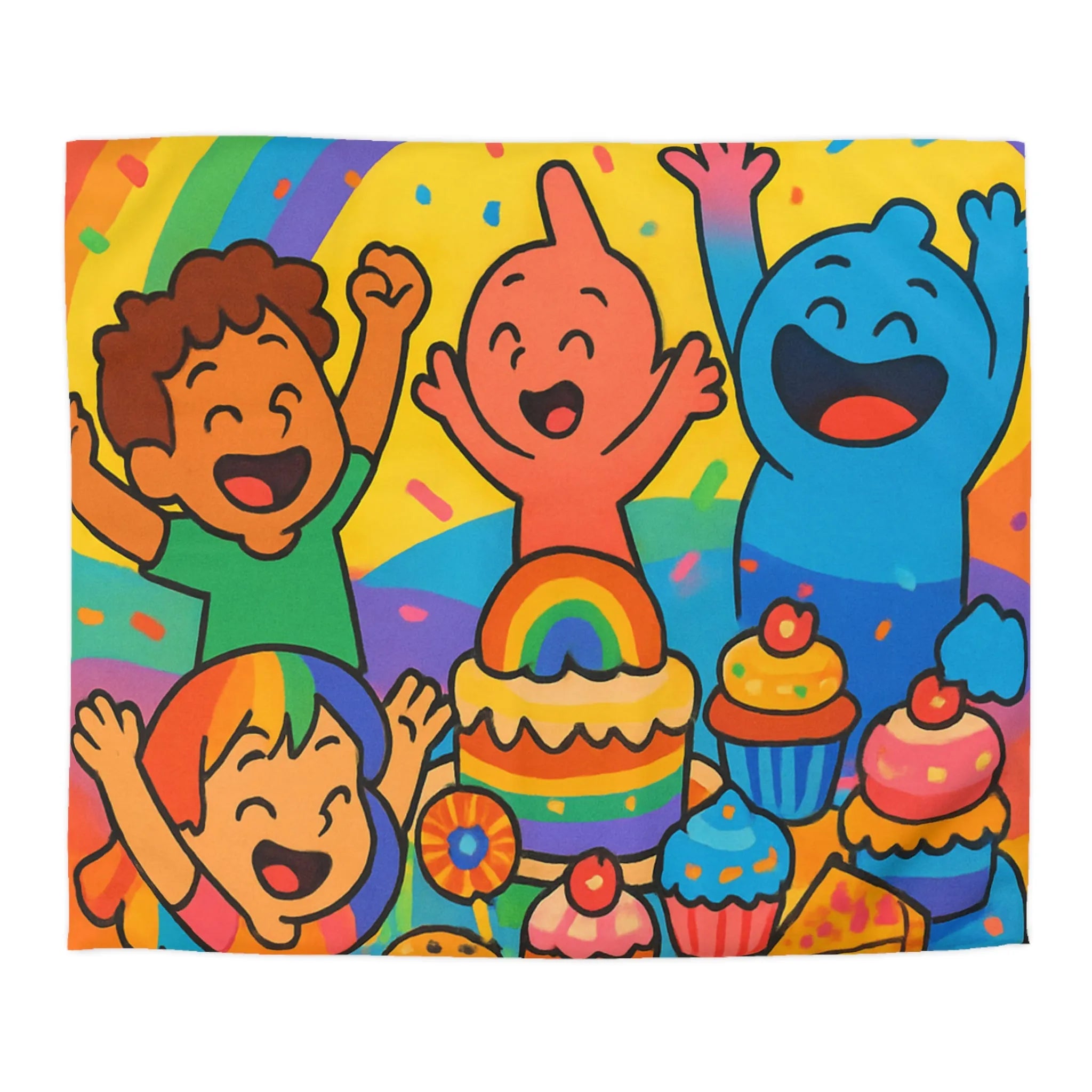 Housse de couette arc-en-ciel enfantine avec personnages joyeux et gâteau festif coloré