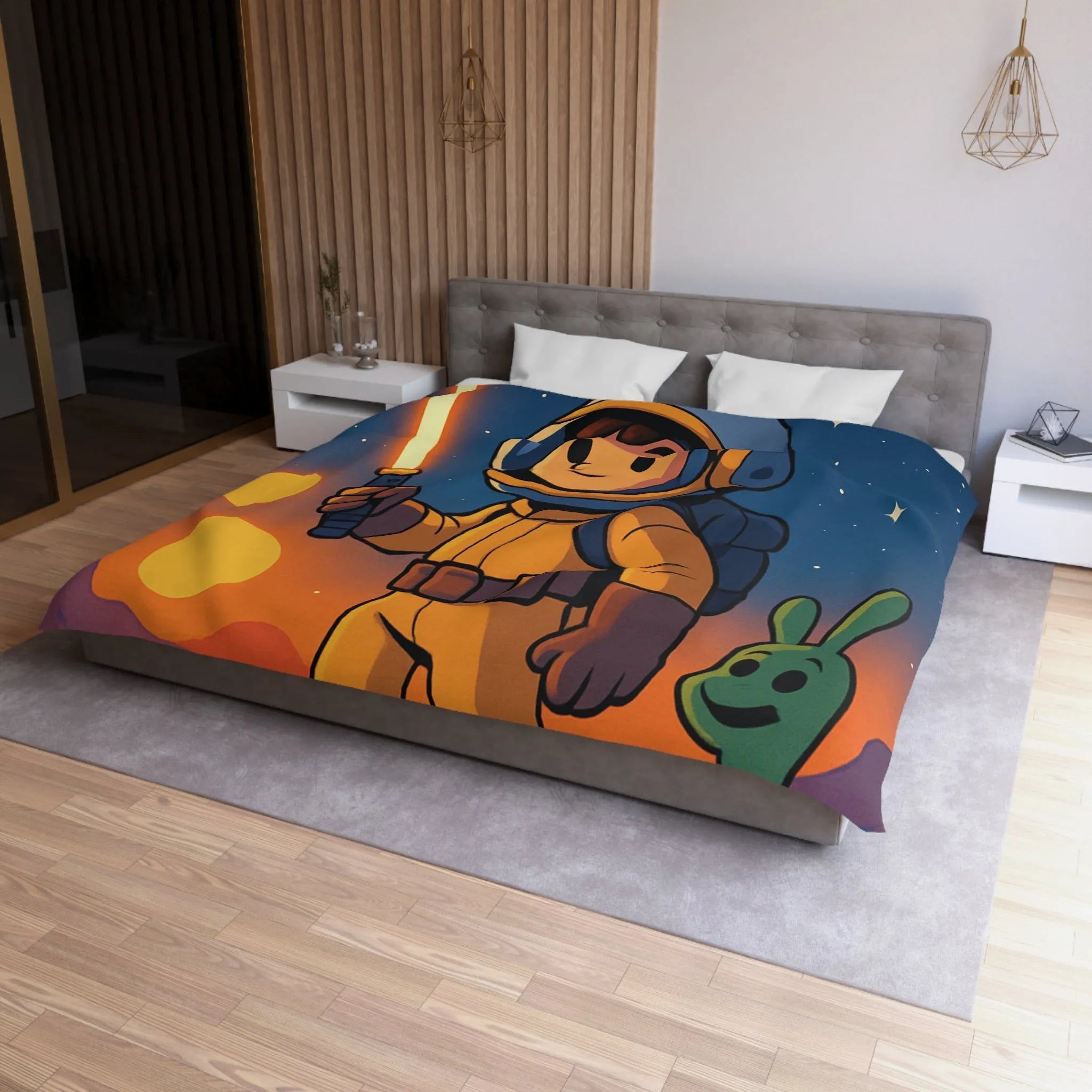 Adorable Espace: Astronaute Enfant Avec Épée Lumineuse Et Créatures Amusantes Sur Une Planet