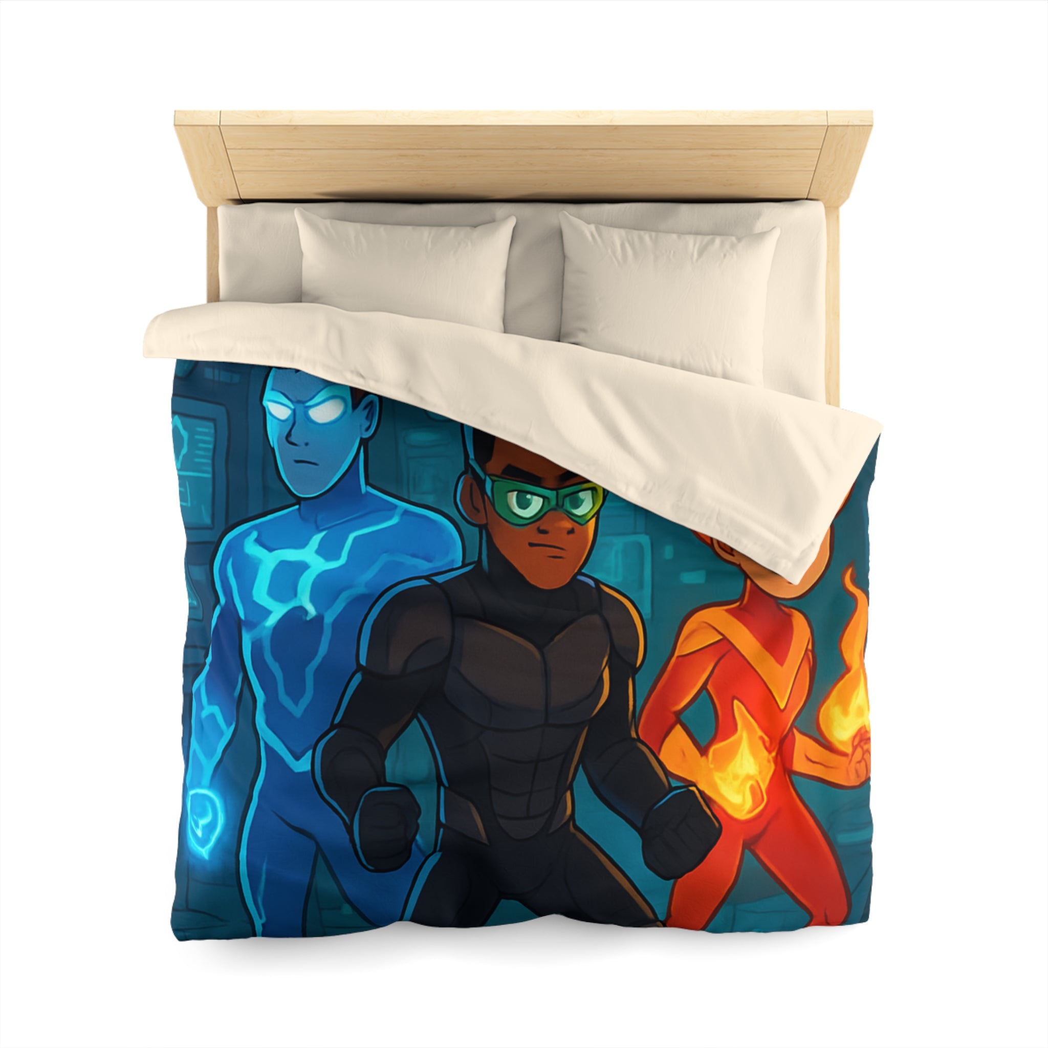 Housse de couette super-héros colorée avec motifs de feu, glace et technologie futuriste