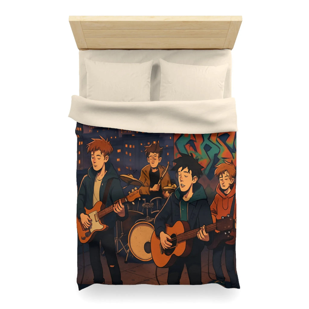 Housse de couette avec illustration de groupe jouant sur toit urbain au crépuscule