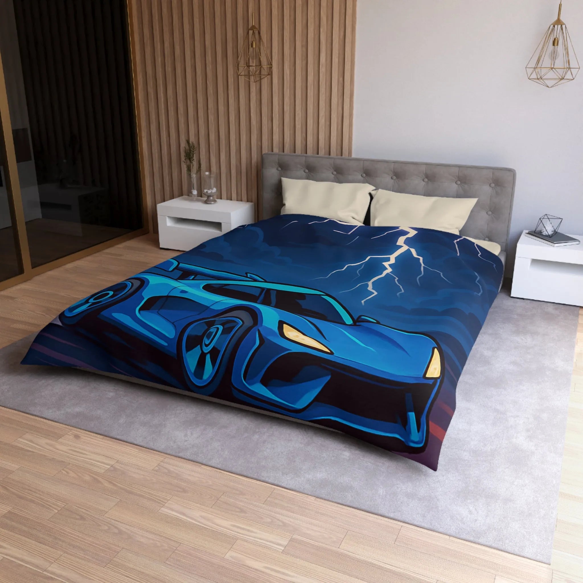 Housse de couette bleue supercar avec éclair ciel dramatique pour chambre moderne