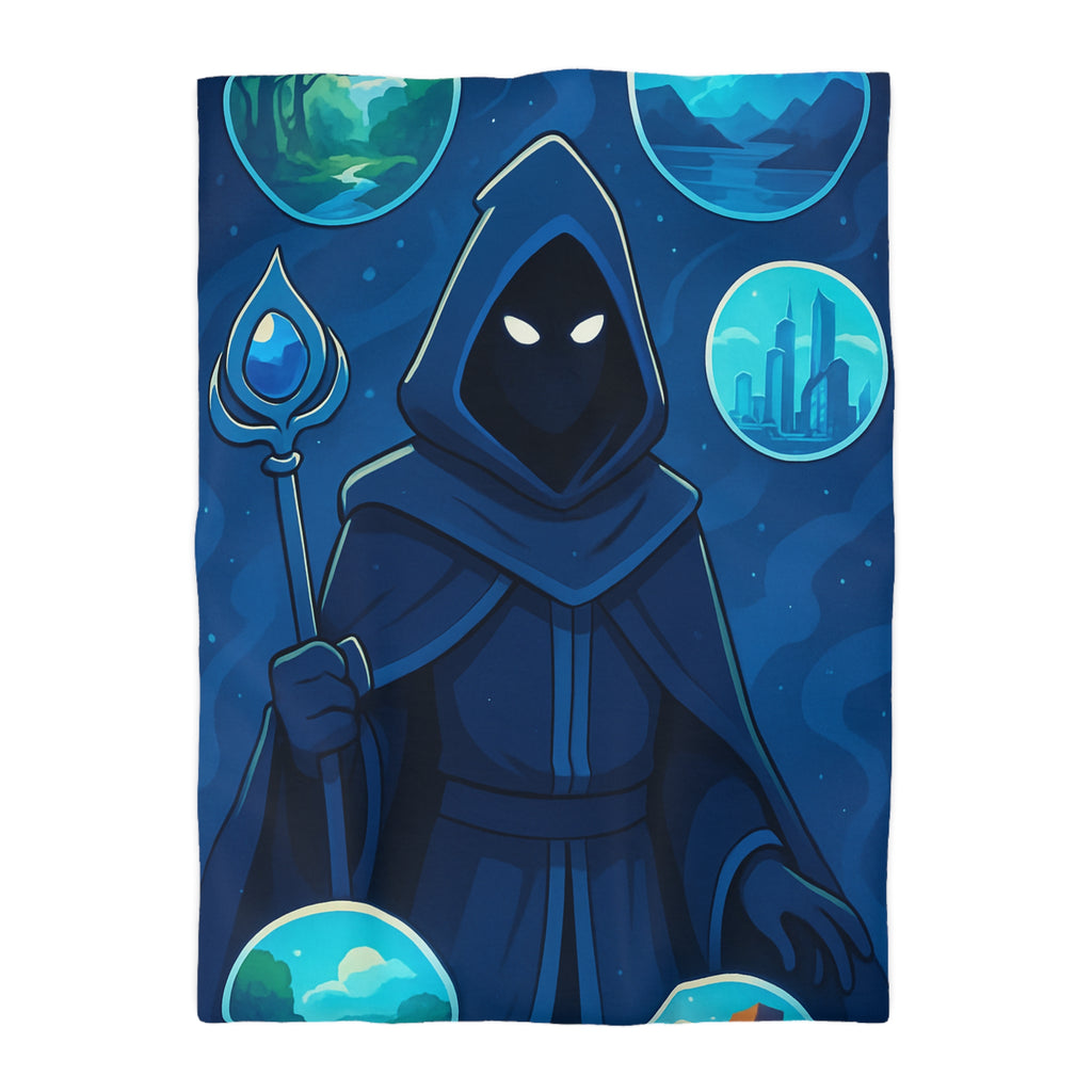 Housse de couette mystique avec sorcier et paysages fantastiques pour chambre à thème magique