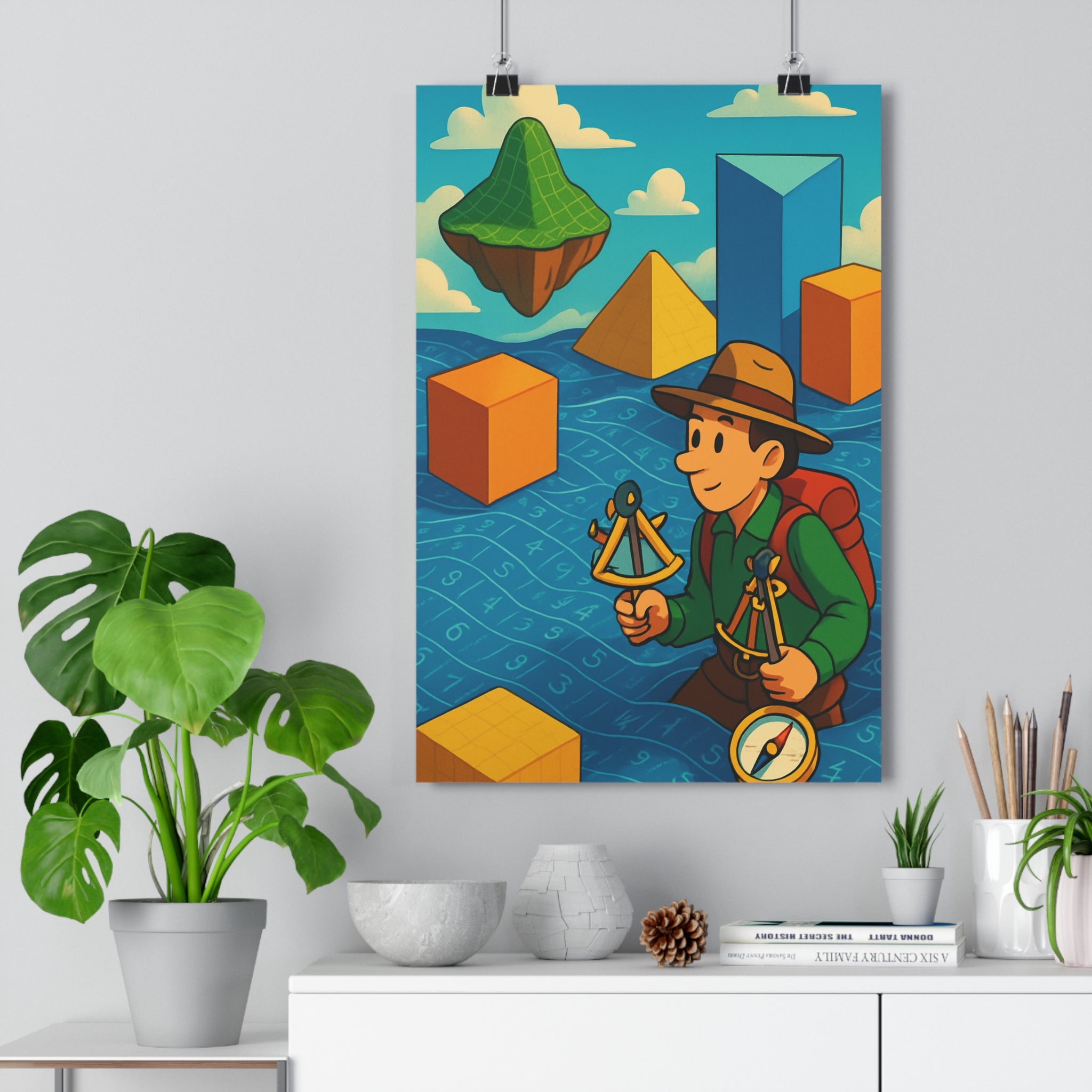 Poster décoratif cartoon aventurier géométrique bleu jaune vert chambre ludique exploration artistique moderne qualité