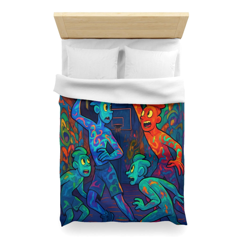 Housse de couette colorée avec personnages abstraits jouant au basket la nuit