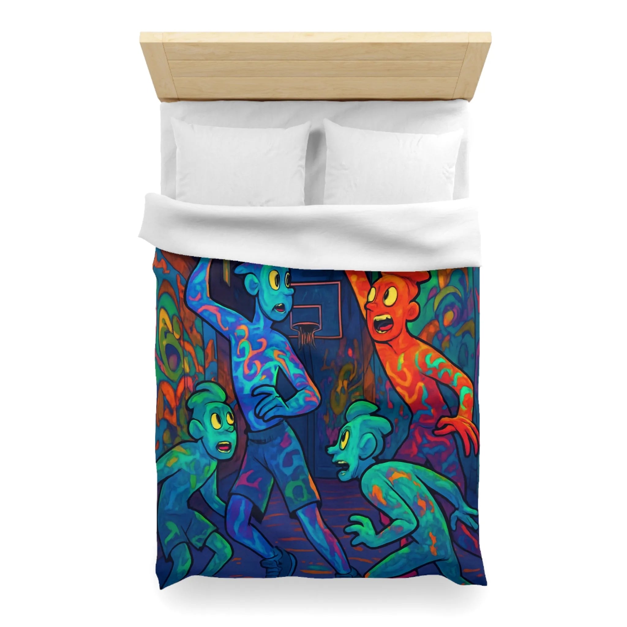 Housse de couette colorée avec personnages abstraits jouant au basket la nuit