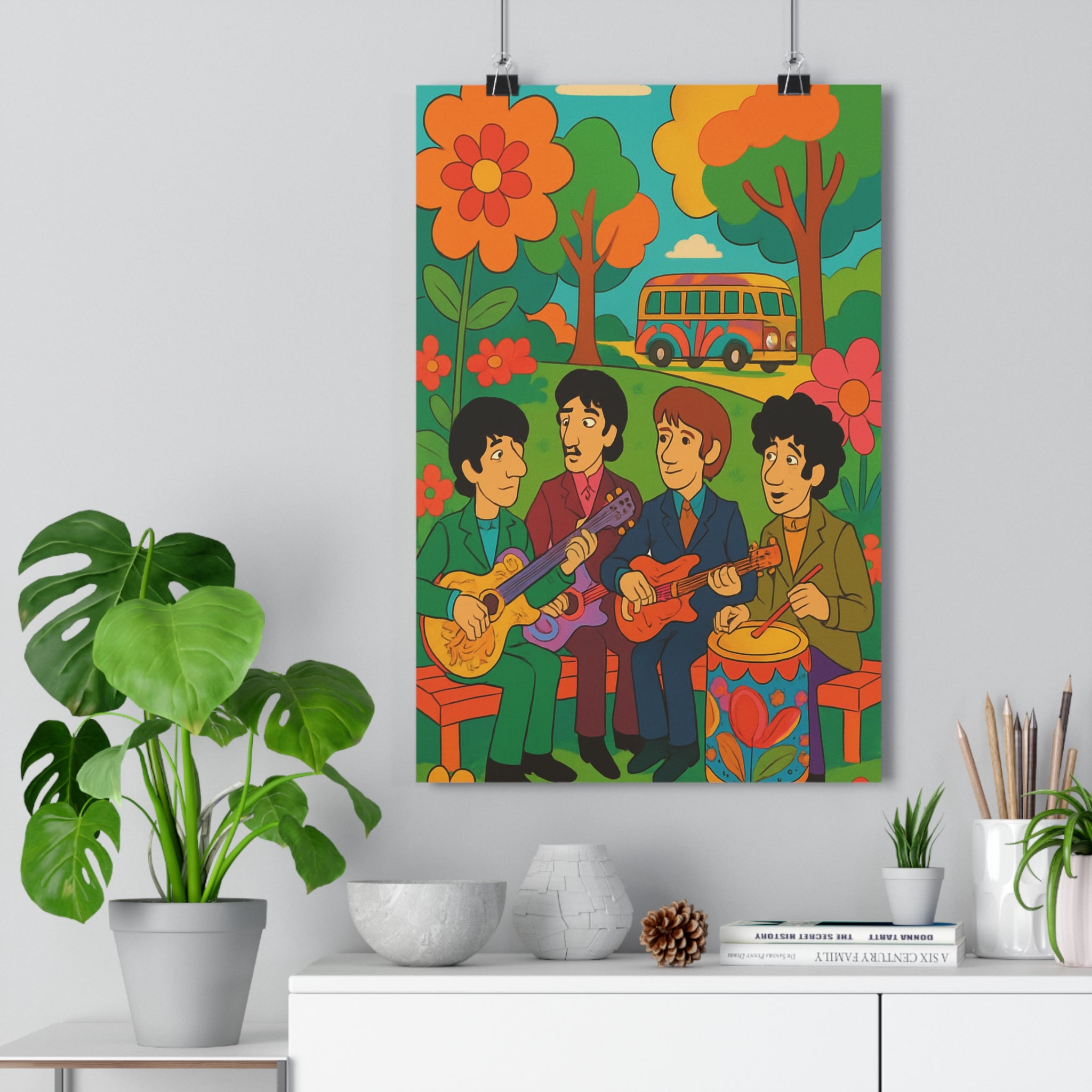 Poster décoratif psychédélique coloré rétro vintage joyeux salon chambre musique fleurs arbres multicolore vibrant