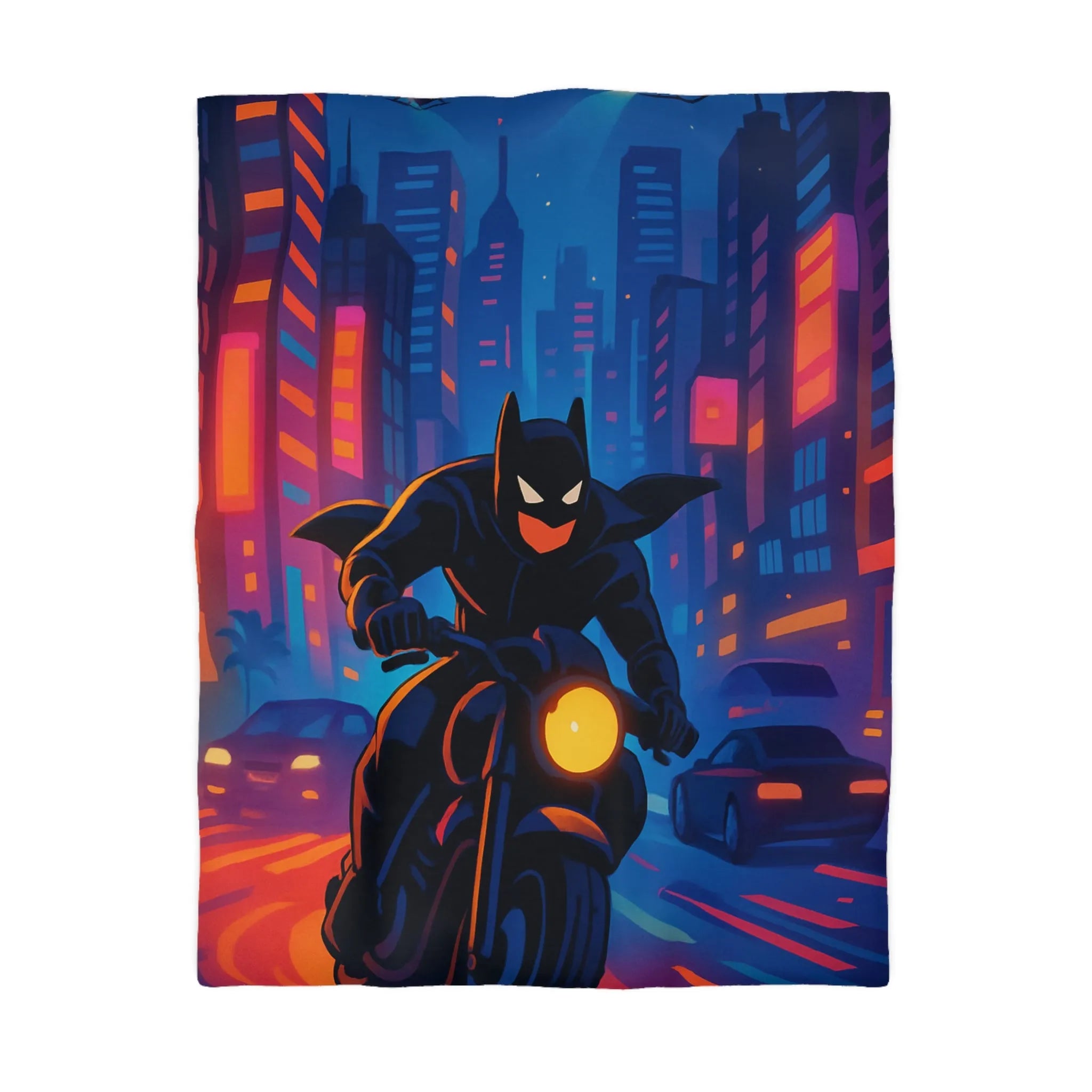 Housse de couette avec super-héros urbain sur moto, ville illuminée et hélicoptères