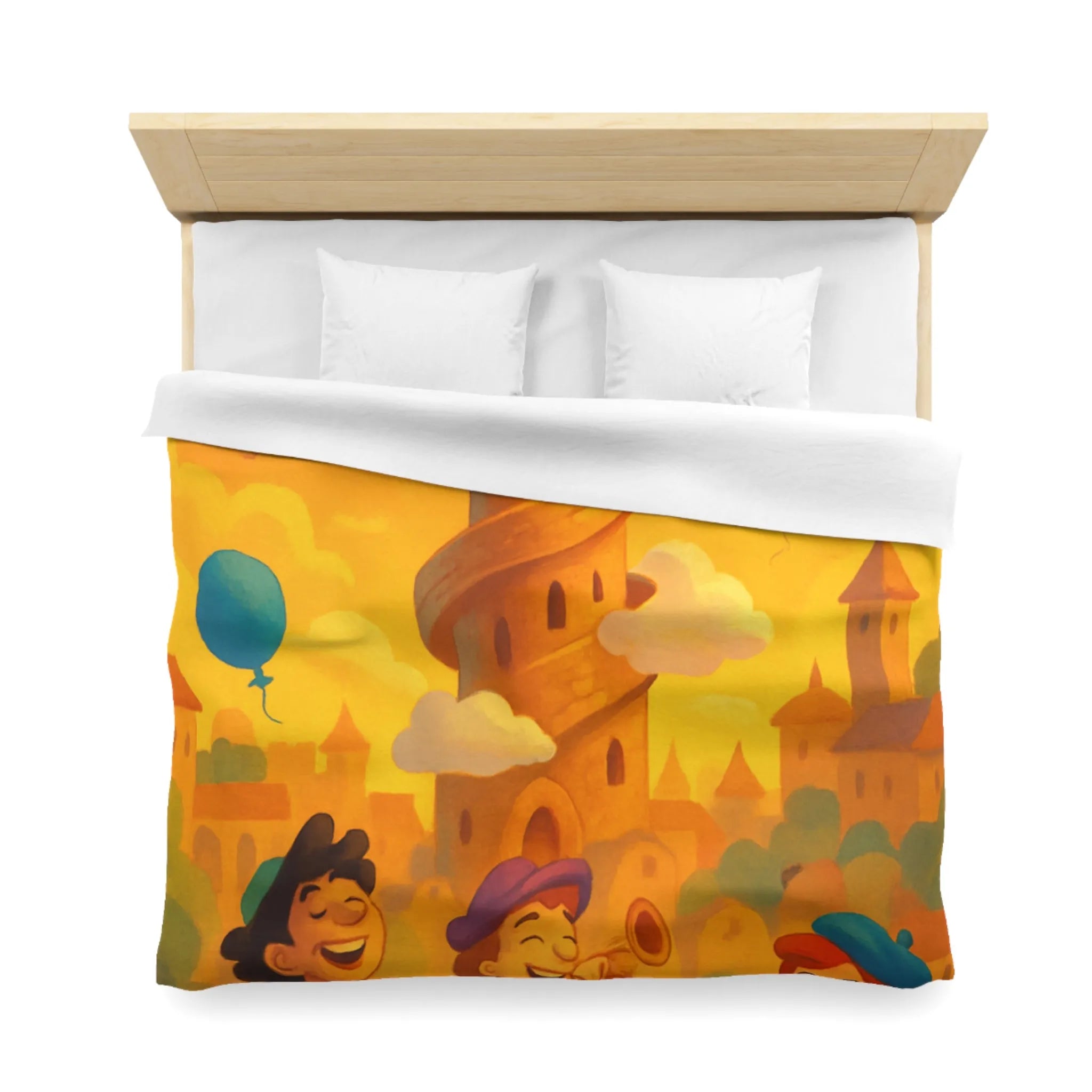 Housse de couette colorée imprimée d'une scène joyeuse avec tours et ballons pastel