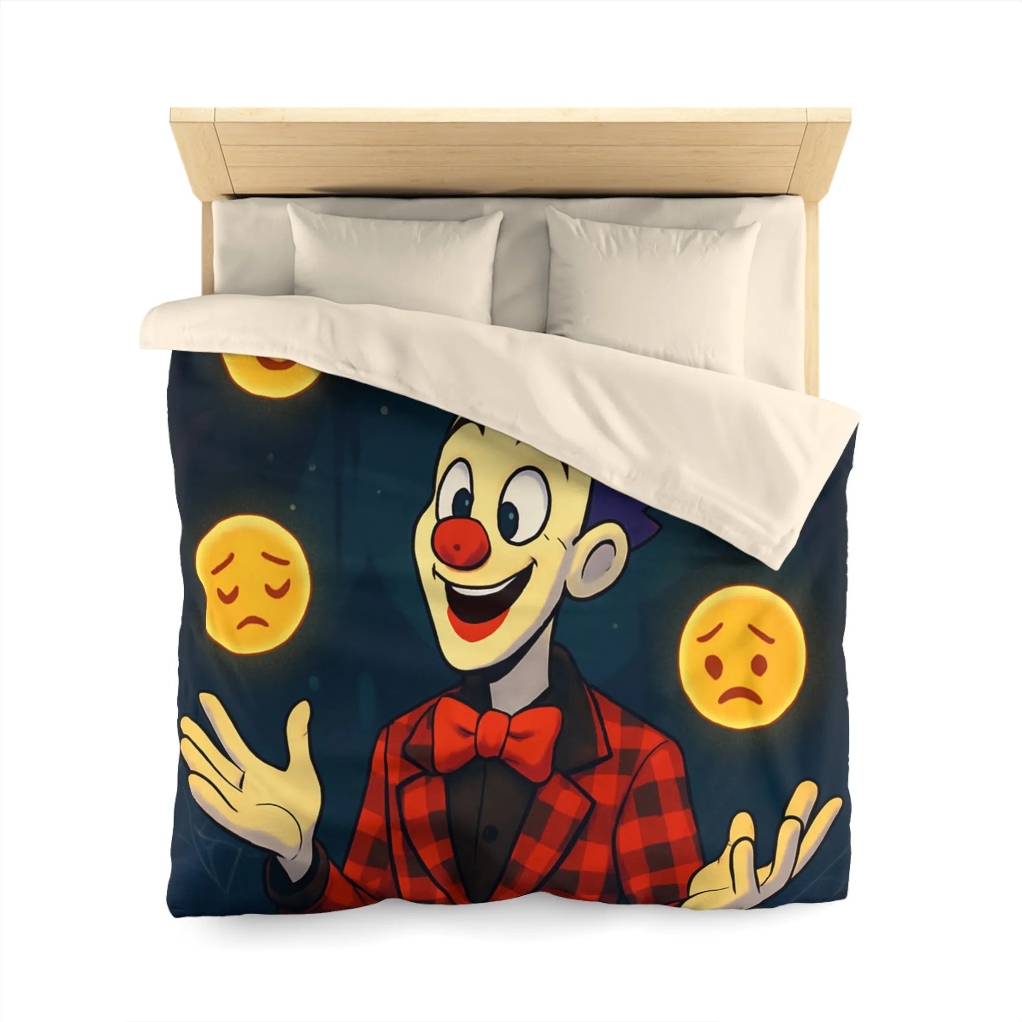 Housse de couette clown coloré dans un cirque avec émojis expression faciale variée