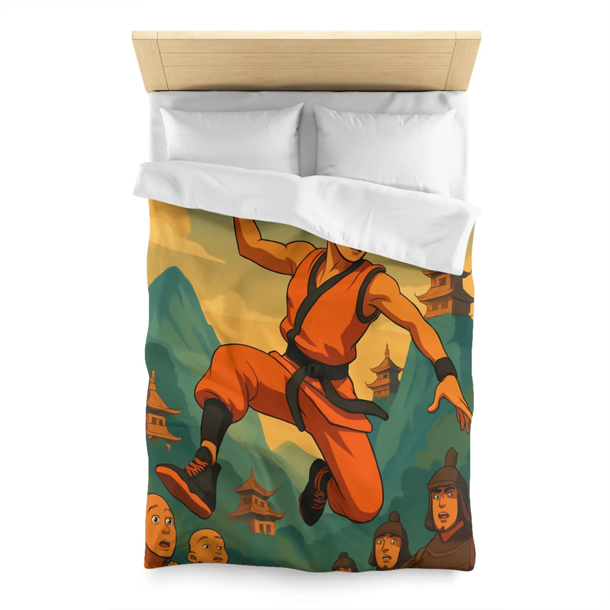 Housse de Couette Art Martial Moine avec Ballon de Basket en Feu Paysage Montagneux