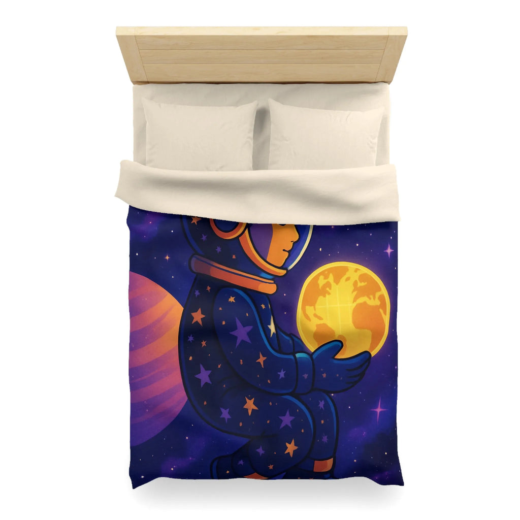 Housse de couette cosmos enfantine avec astronaute rêveur tenant une planète lumineuse