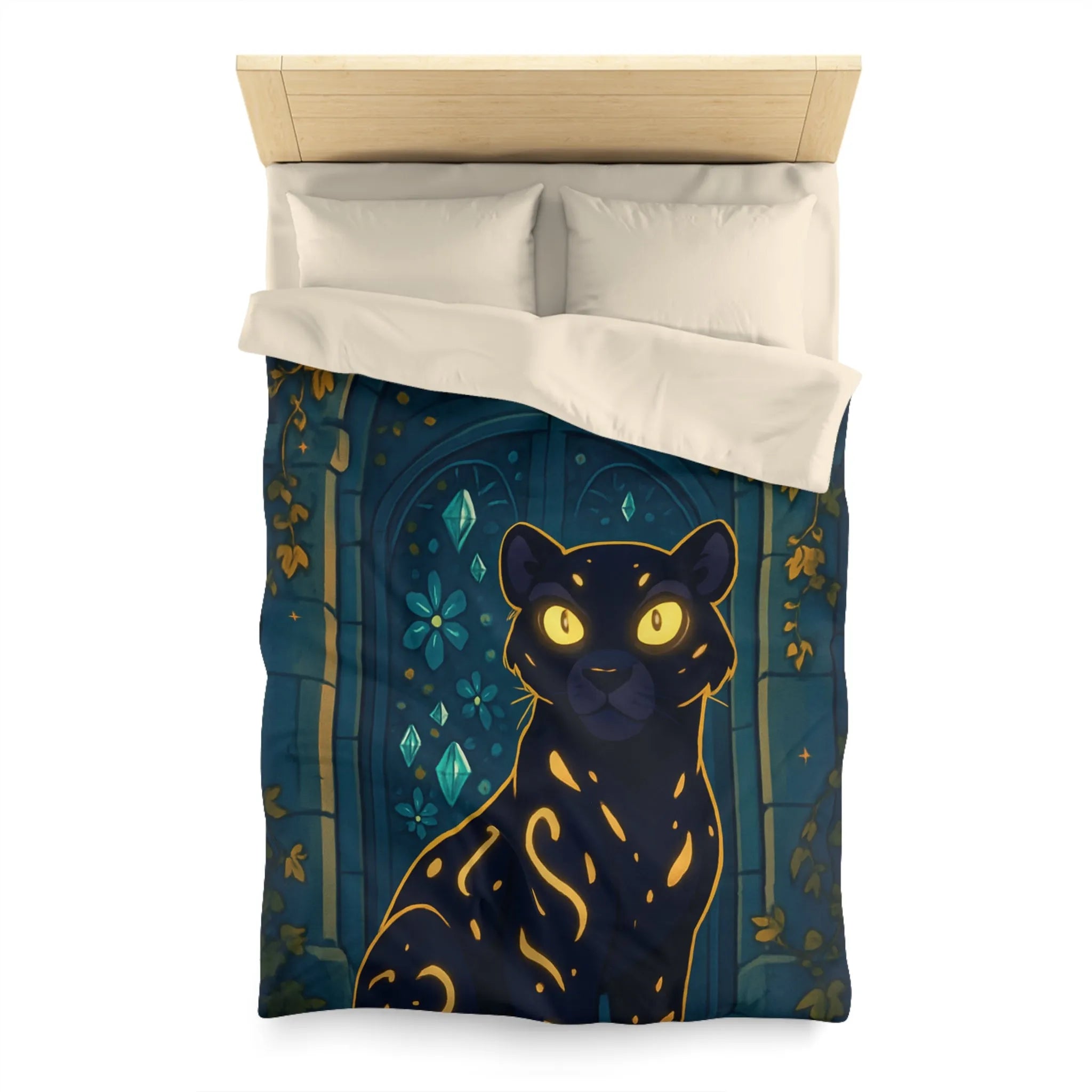 Housse de couette féline enchantée avec portail lunaire et arabesques dorées en forêt