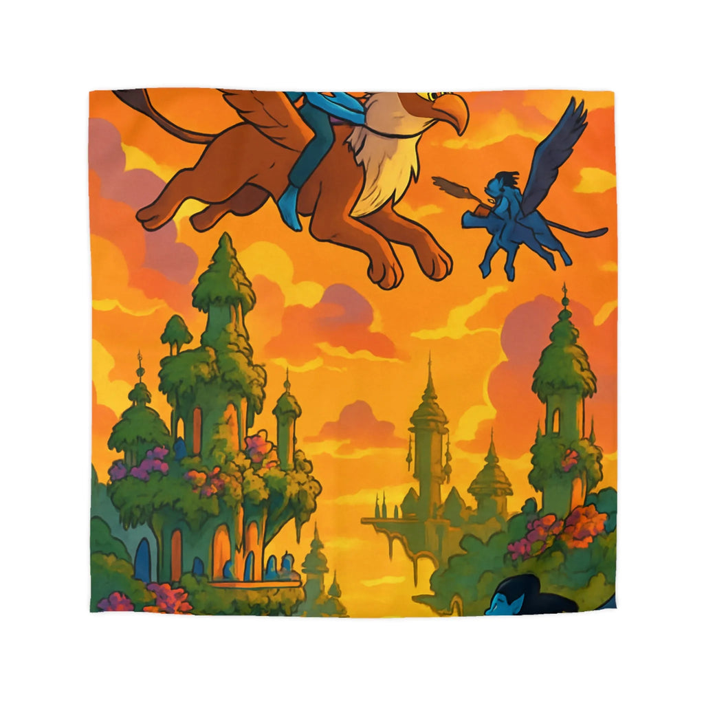 Housse de couette magique avec créatures volantes et paysage fantastique au coucher du soleil