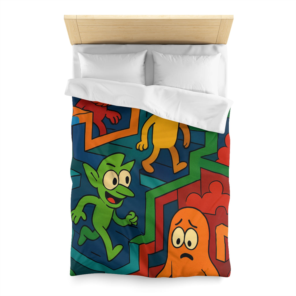 Housse de couette multicolore avec labyrinthes et personnages fantaisistes en motifs géométriques