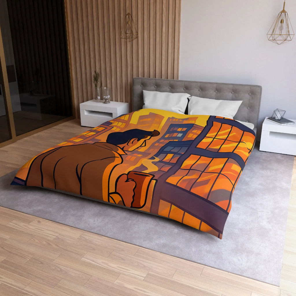 Housse de couette avec illustration urbaine au coucher de soleil et silhouette masculine