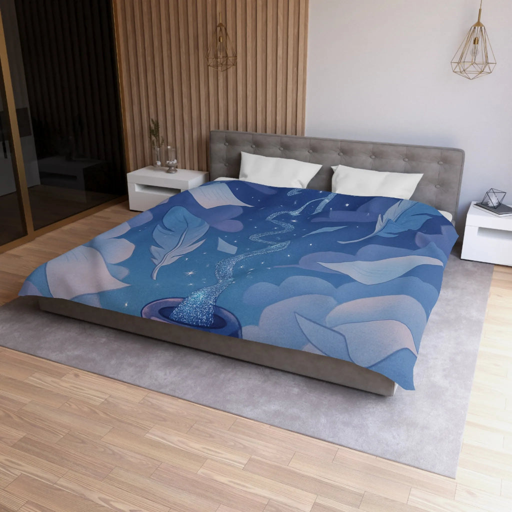 Housse de couette magique avec encre flottante, plumes et nuages rêveurs bleutés
