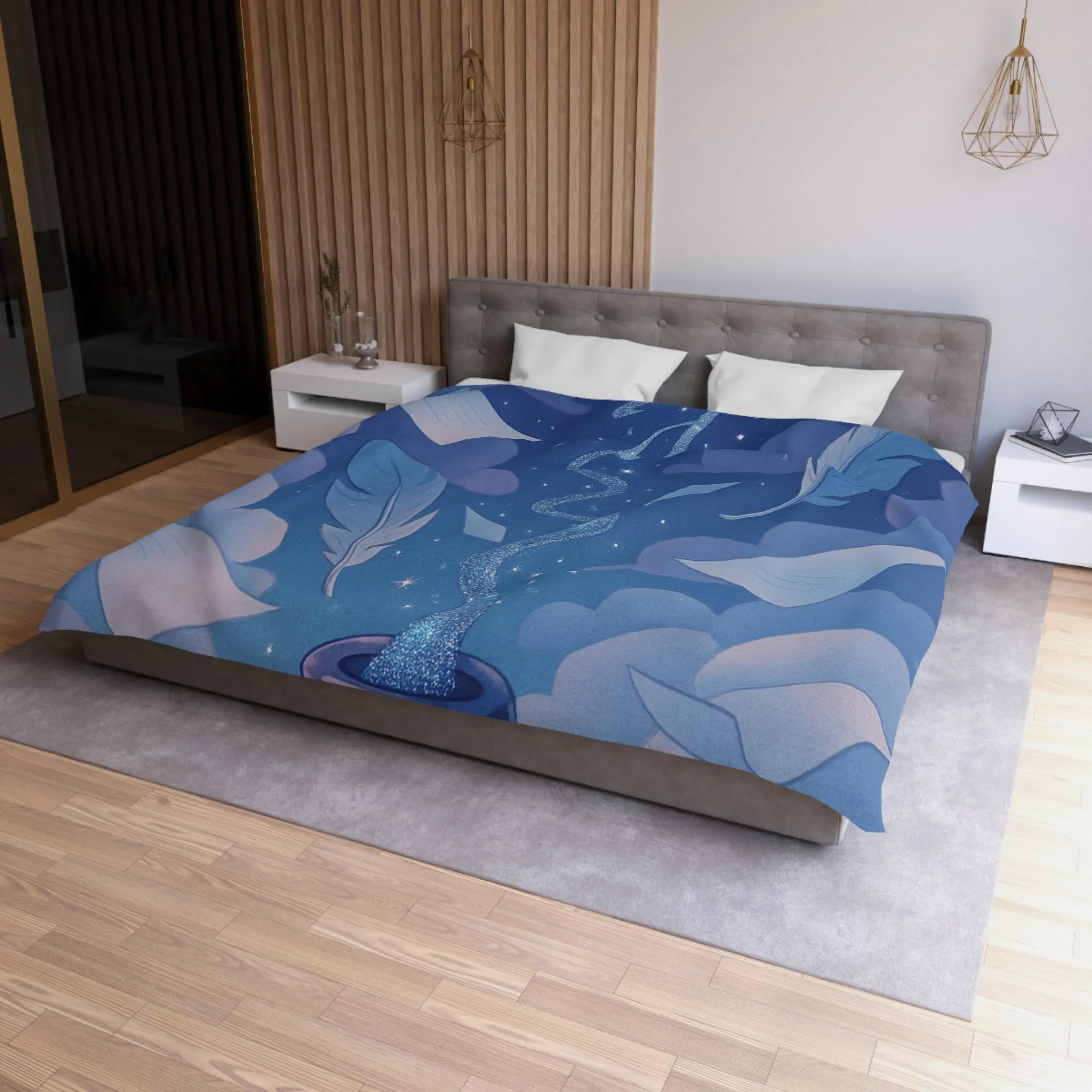 Housse de couette magique avec encre flottante, plumes et nuages rêveurs bleutés