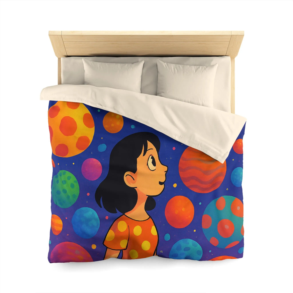 Housse de couette colorée avec motif de planètes et enfant rêveur dans l'espace