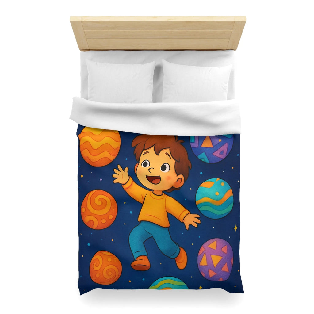 Housse de couette enfant planète colorée avec garçon dans l'espace étoilé vibrant