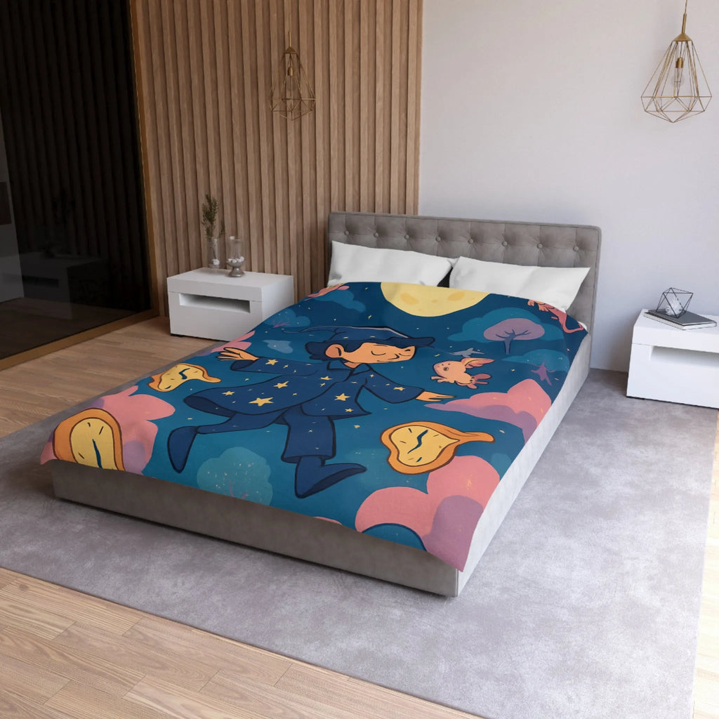 Housse de couette magique avec sorcier enfant rêvant de créatures volantes lunaires