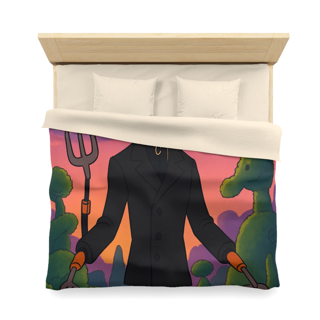 Housse de couette stylée avec personnage rêveur, jardin magique et papillons colorés