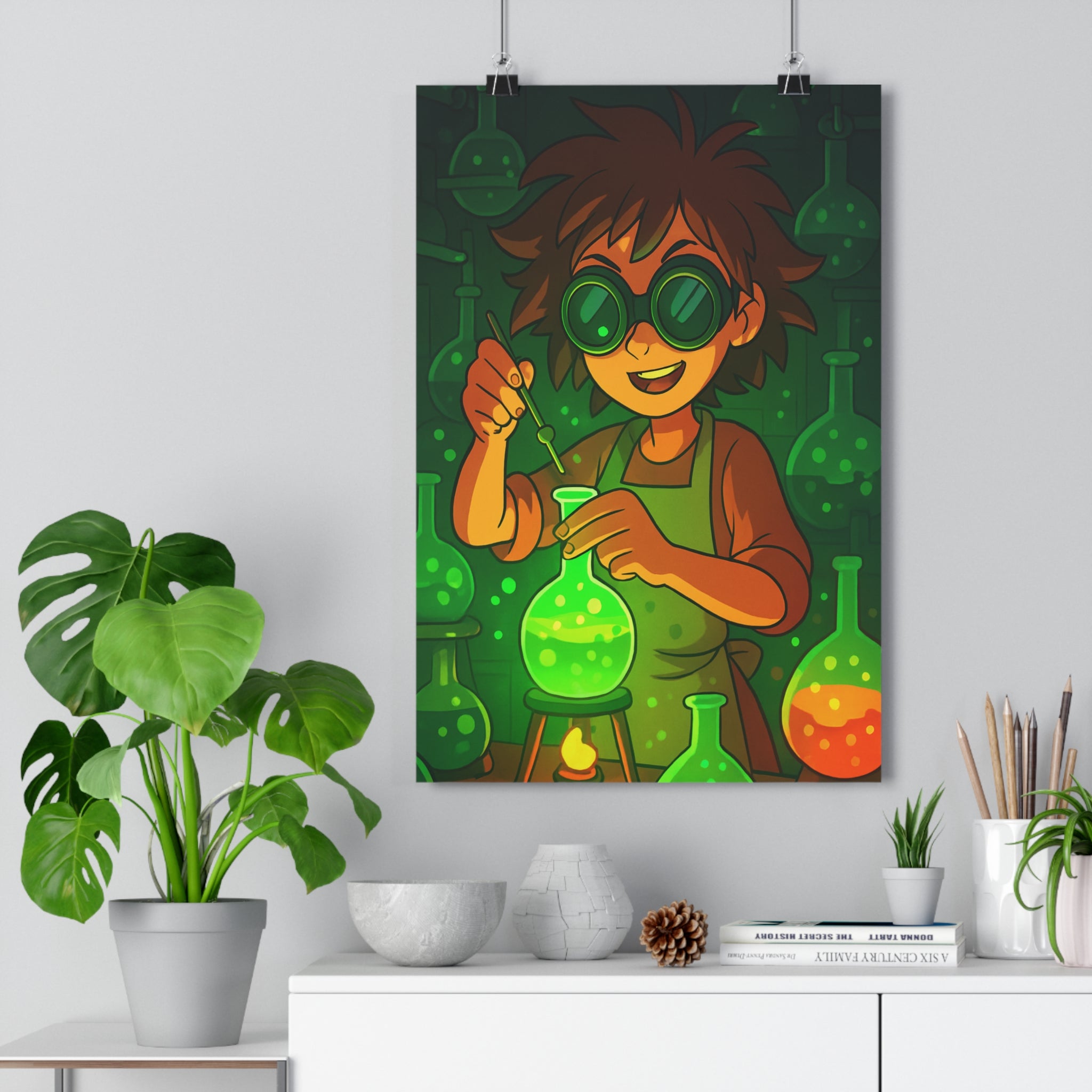 Poster décoratif steampunk scientifique lunettes rondes vert orange enfant créatif moderne cartoon chambre lumineux