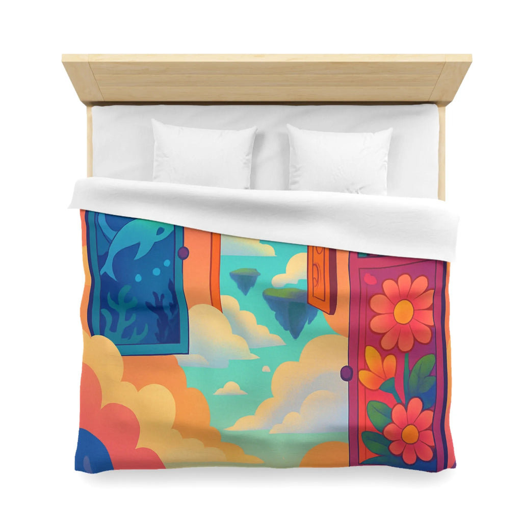 Housse de couette colorée avec trois portes magiques et paysages oniriques enchanteurs
