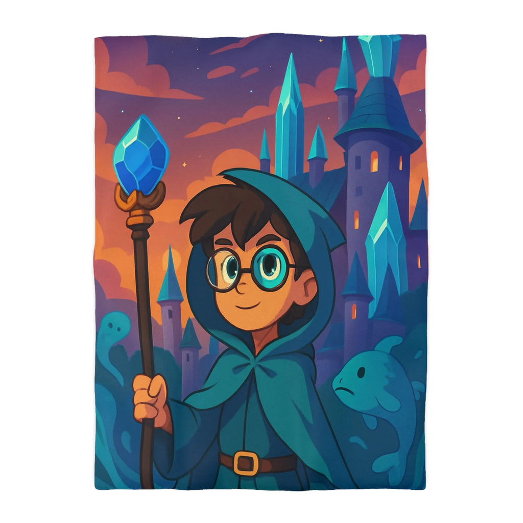 Housse de couette magie bleue fantasy avec château, sorcier et météore étincelant