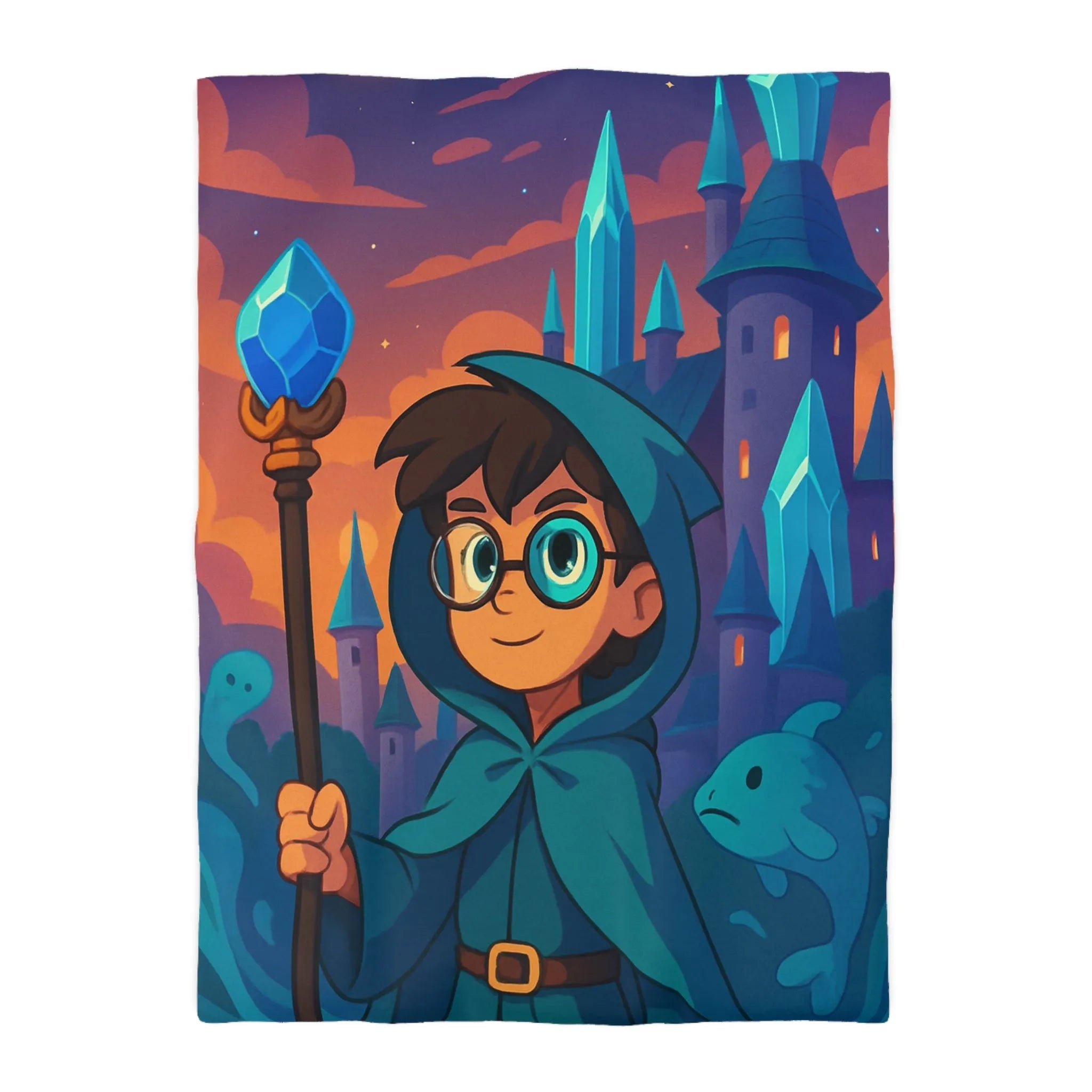 Housse de couette magie bleue fantasy avec château, sorcier et météore étincelant