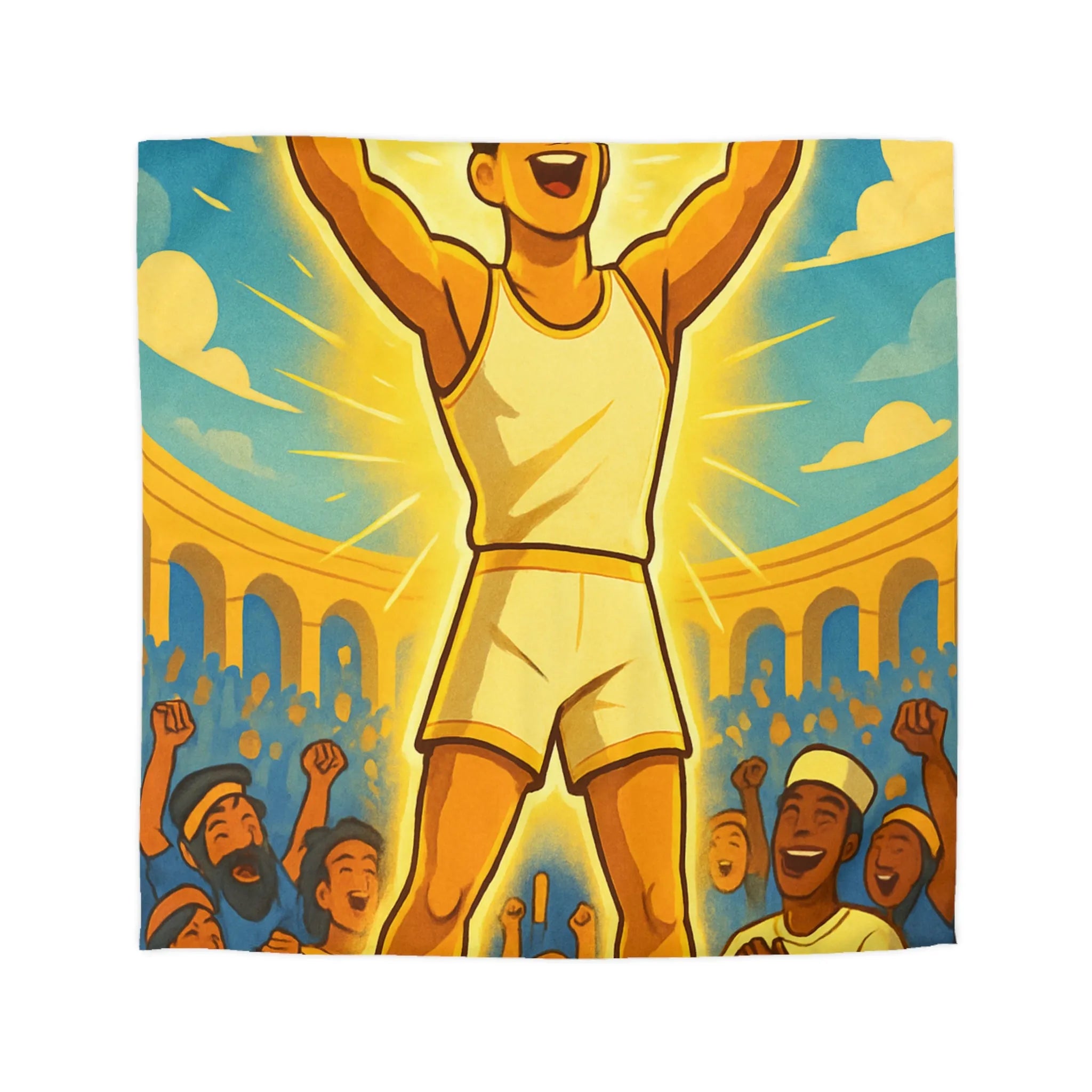 Housse de couette lumineuse avec athlète triomphant dans une arène ensoleillée vibrante