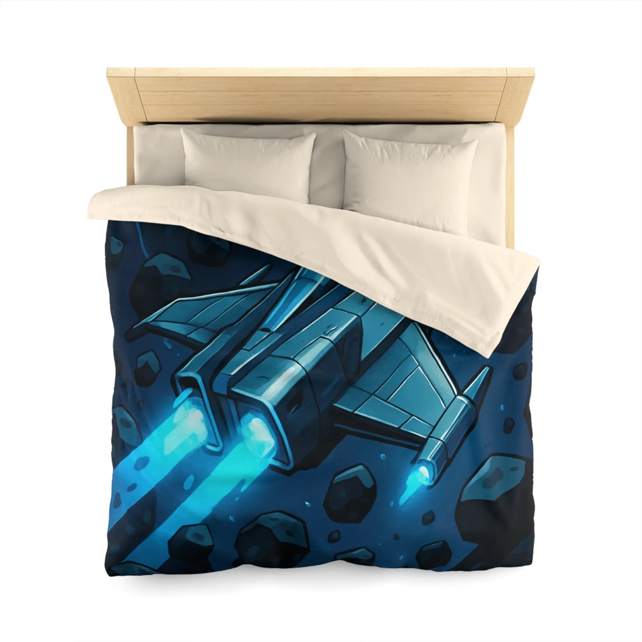 Housse de couette imprimée vaisseau spatial bleu voyageant à travers un champ d'astéroïdes