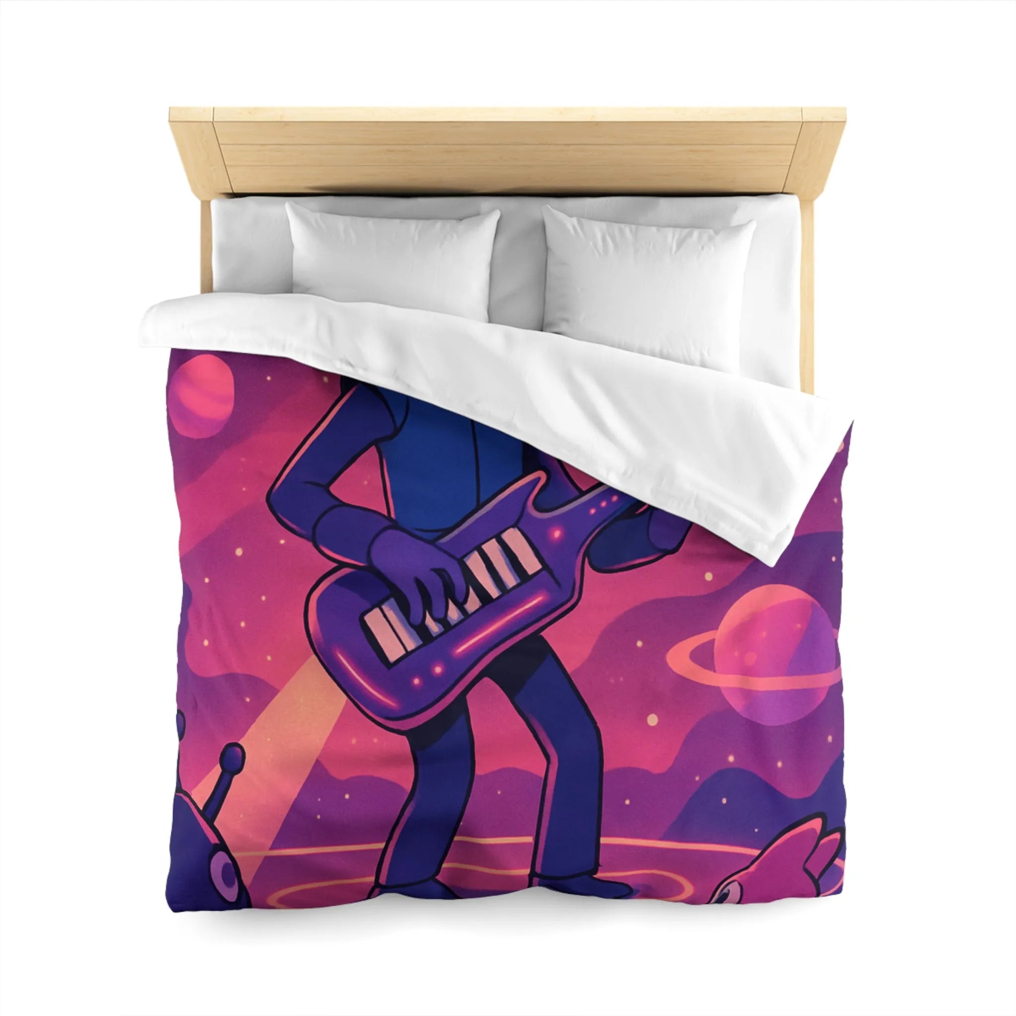Housse de couette colorée avec astronaute jouant de la guitare dans l’espace cosmique magique