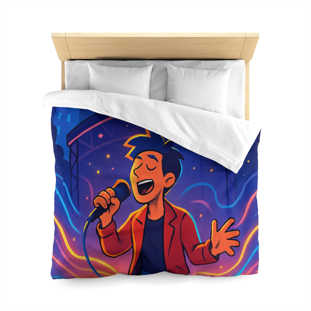 Housse de couette scène vibrante de concert nocturne avec chanteur et couleurs éclatantes