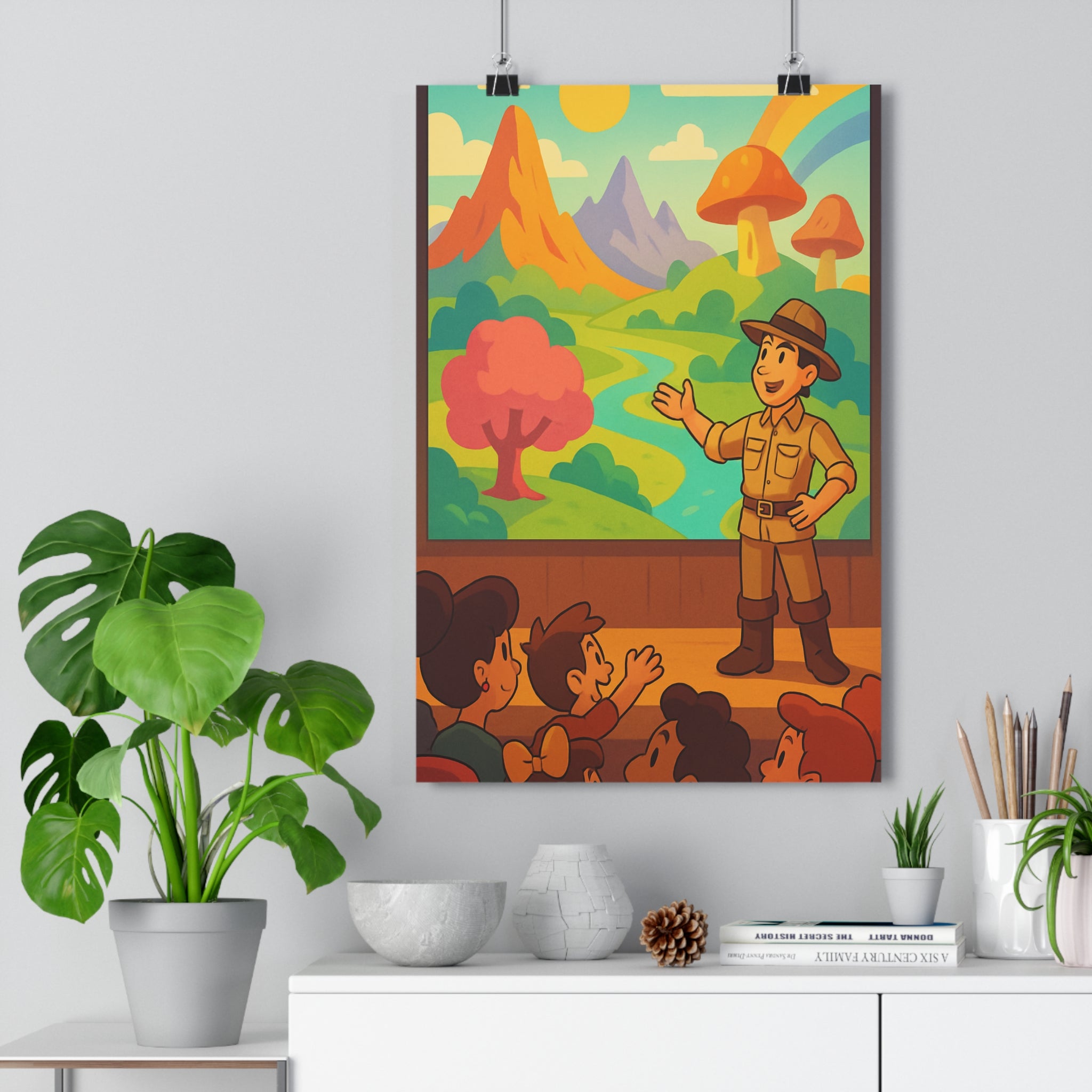 Poster décoratif cartoon aventure explorateur montagne rivière enfants vert jaune chambre 30x46 joyeux coloré
