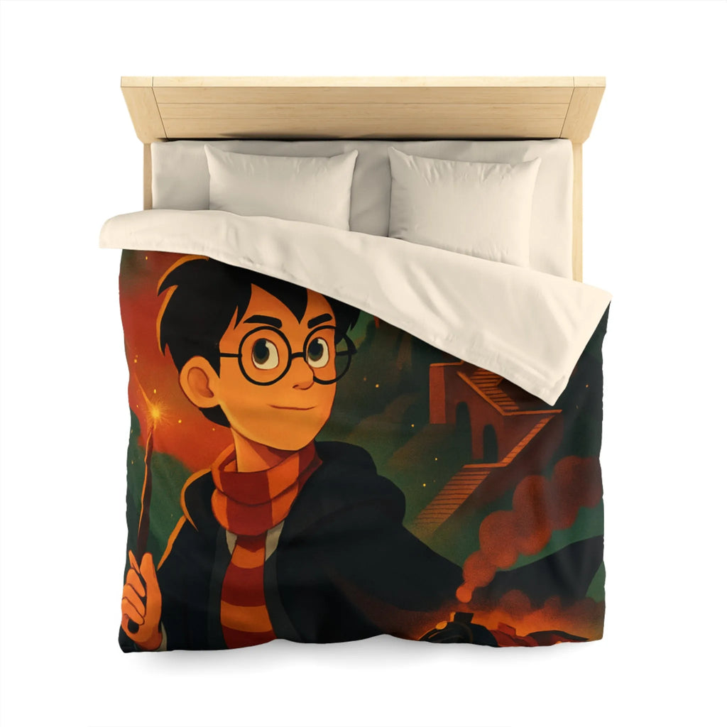 Housse de couette magique avec jeune sorcier, hibou, château et train en fond