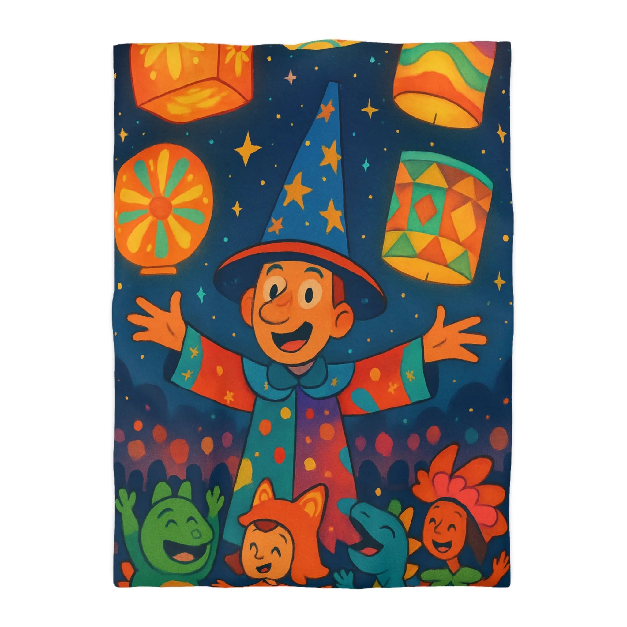 Housse de couette enfant au design magique de lanternes colorées et personnages joyeux