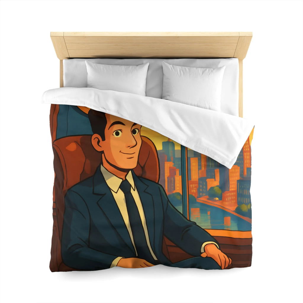 Élégante housse de couette avec homme d'affaires et horizon urbain stylisé en coucher de soleil