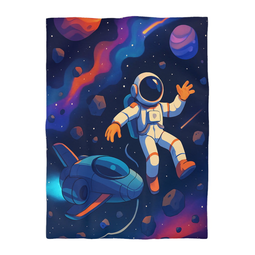 Housse de couette spatiale colorée avec astronaute flottant parmi planètes et étoiles