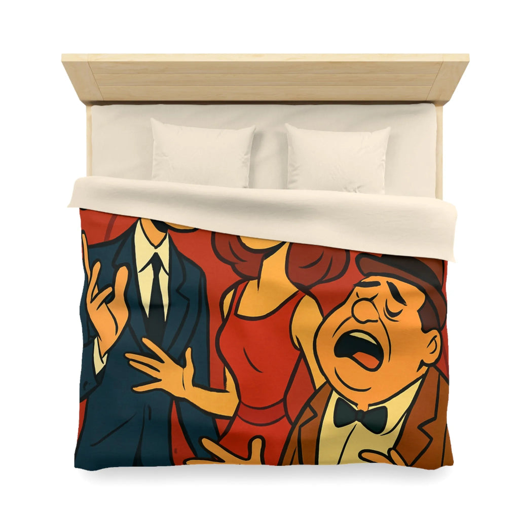 Ensemble vocal vintage animé exubérant, scène musicale rétro avec fond rouge et notes