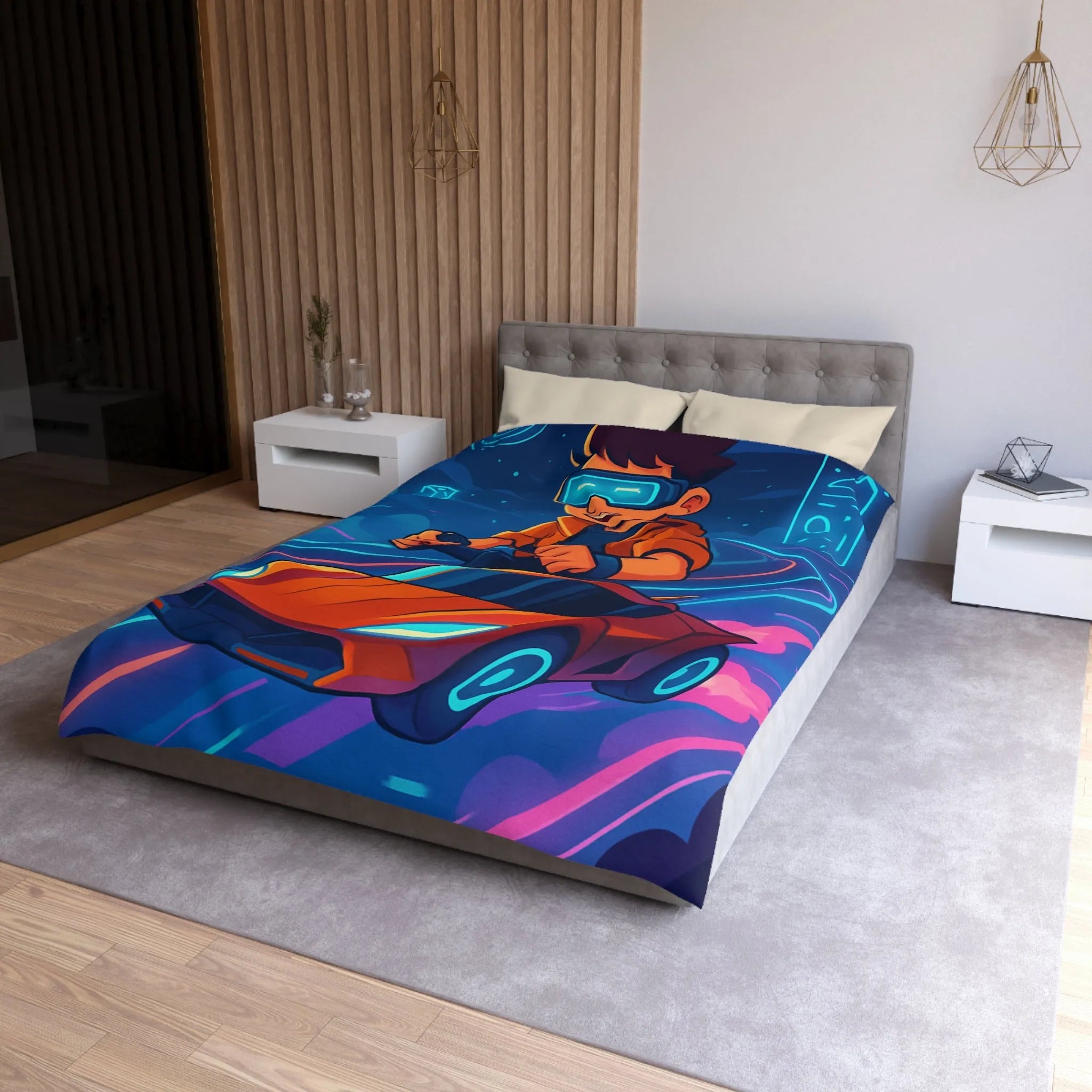 Housse de couette aventure virtuelle : joueur futuriste avec voiture de course dynamique et colorée